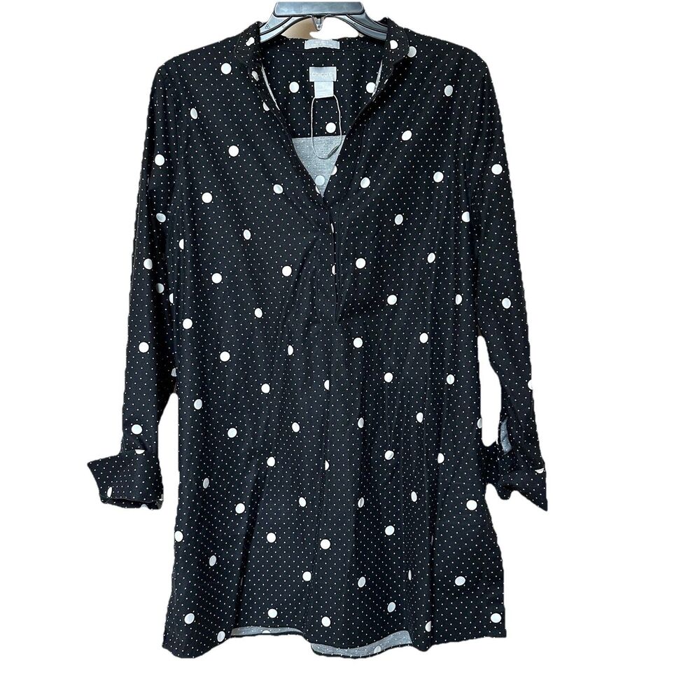 Chico’s Top Blouse 2 Lg 12 Polka Dots Long Sleeve Blk/white Career Preppy NWOT